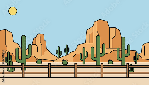 Western desert landscape with green saguaro cacti, tall rocky mountains, a wooden fence, and bright yellow sun in sky.