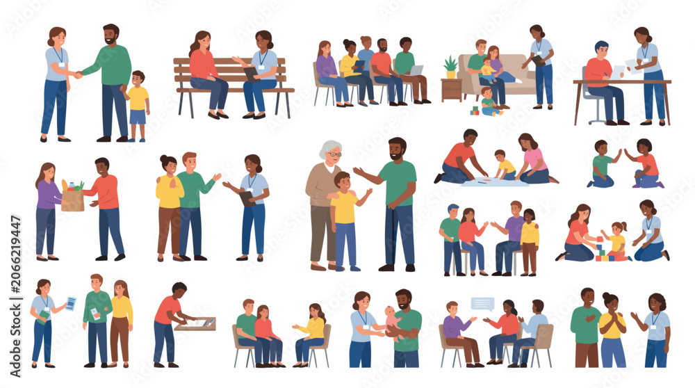 Fototapeta premium Diverse Community People Helping and Interacting Together Flat Illustration