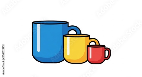 Kitchenware set of blue yellow and red ceramic mugs