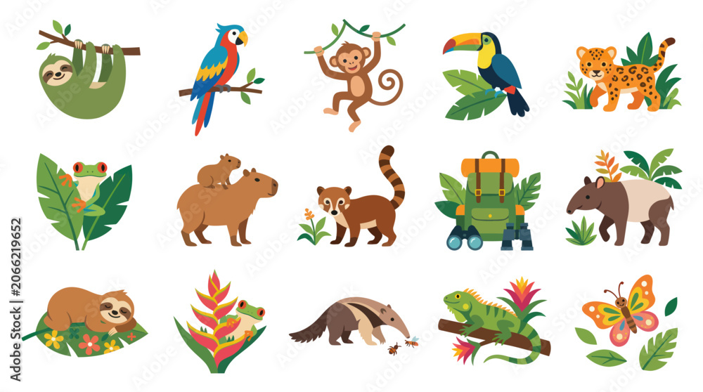Fototapeta premium Cute Jungle Animals and Plants Flat Vector Illustration
