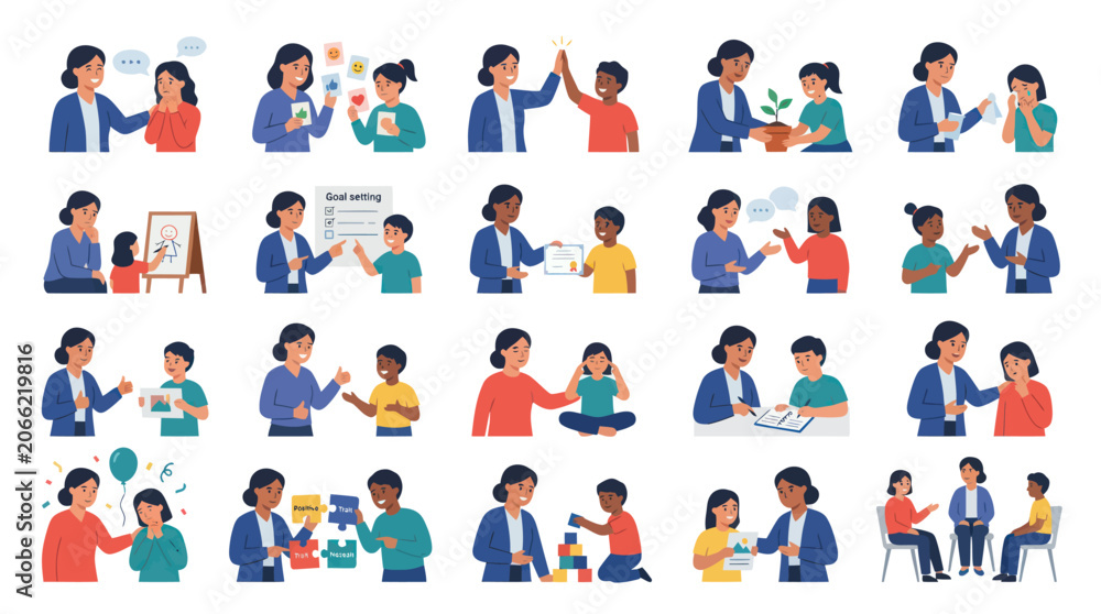Fototapeta premium Diverse people in educational, mentoring, and supportive interactions, flat vector style