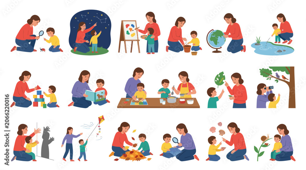 Fototapeta premium Early Childhood Education Development Flat Vector Illustration Set: Adult and Kids Learning Activities