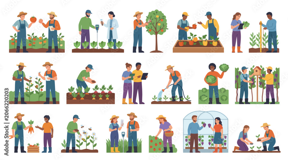 Fototapeta premium Flat Illustration of Farmers Tending Crops and Vegetables in Garden