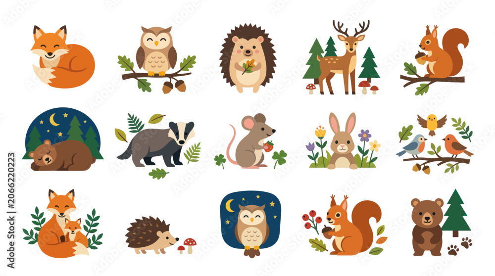 Obraz premium Cute Forest Animals Collection - Vector Art, Flat Style, Nature Wildlife