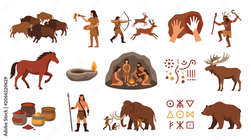 Fototapeta premium Prehistoric Stone Age Life Flat Vector Illustration Set. Ancient Humans, Cavemen Culture, Animals Primitive Symbols