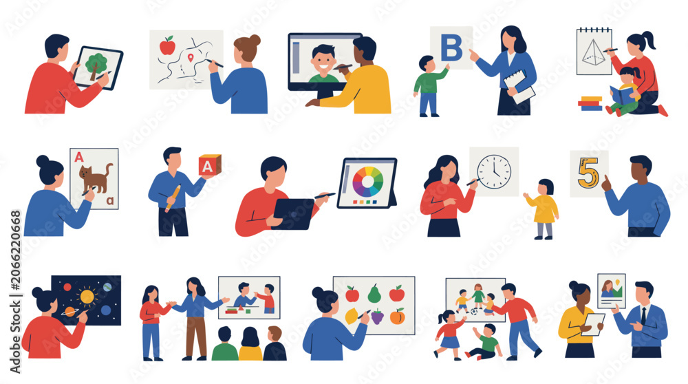 Fototapeta premium Diverse Teachers Educating Children With Technology, Art, and Games