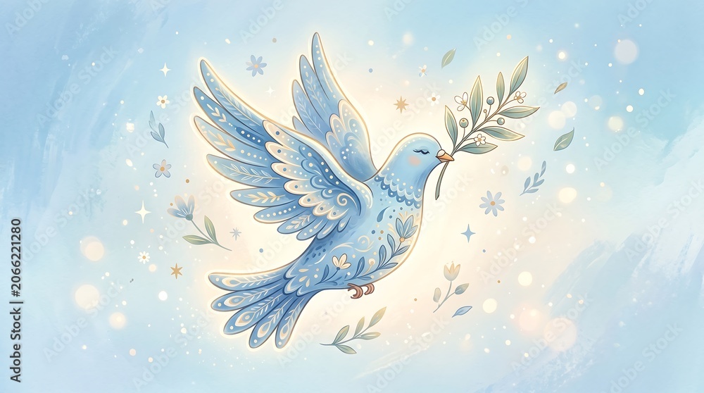 Fototapeta premium Flying Dove Holding Olive Branch in Snowy Sky