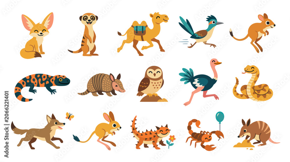 Obraz premium Cute Cartoon Flat Desert Animals Vector Set for Kids Education. Wildlife Collection: Fennec Fox, Camel, Ostrich.