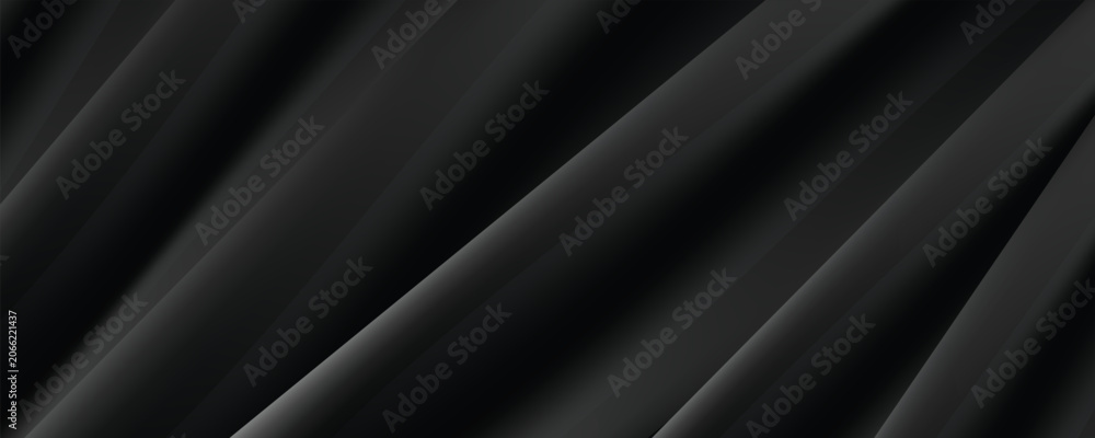 Obraz premium Abstract black silk fabric background with soft elegant waves. Luxury dark curtain wavy texture satin pattern vector illustration template for premium product banner design.