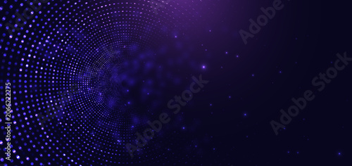Abstract Purple Digital Spiral Background with Glowing Particle Tunnel.