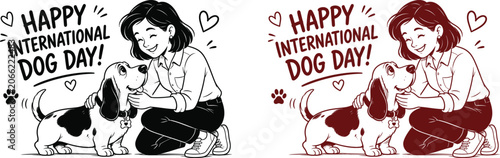 Happy international dog day illustration with woman and dalmatian