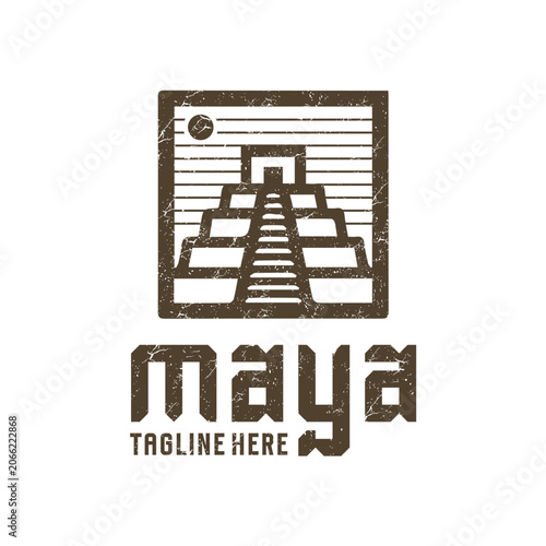 Vintage Maya Temple Pyramid Sunset Square Logo Design
