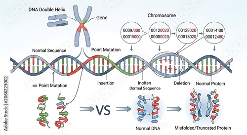 A diagram comparing normal and mutated DNA sequences and their impact on protein structure