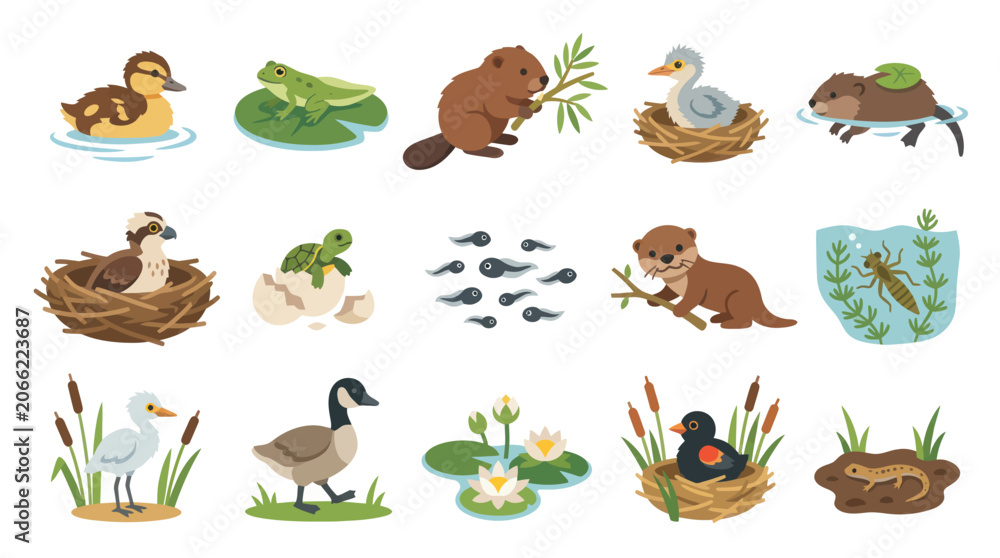 Obraz premium Cute Flat Cartoon Style Vector Icons of Pond and Wetland Animals, Birds, Insects, and Plants for Nature Education