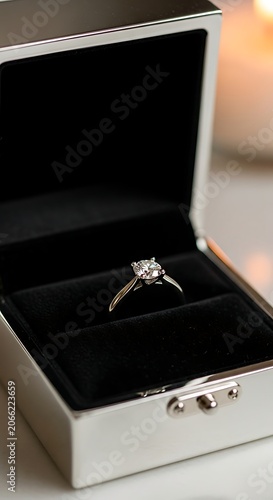 A diamond ring sits in an open jewelry box on a white surface