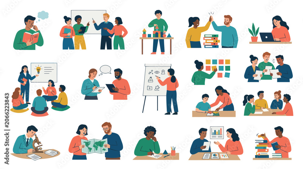 Fototapeta premium Flat Illustration: Education, Learning, Knowledge Concepts. People Studying, Teaching, and Mentoring Activities.