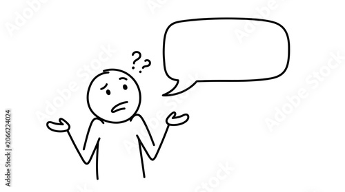 Foto Confused stick figure shrugging with speech bubble line art illustration