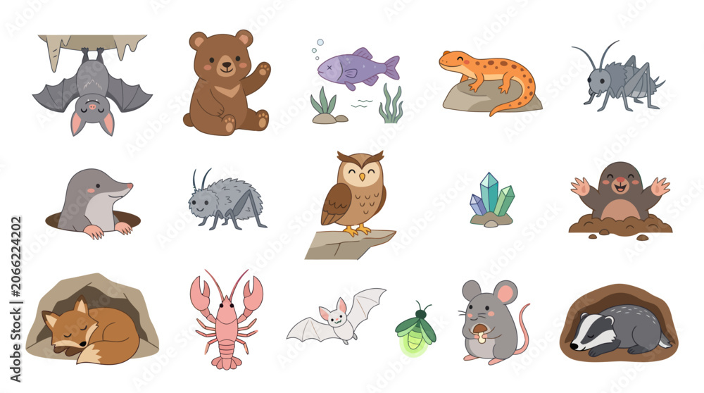 Obraz premium Cute Cartoon Wildlife Animal Characters Collection, Hand-Drawn Flat Vector Illustration Set for Nature Education