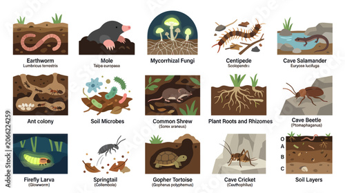 Educational Flat Vector Set: Underground Animals, Soil Organisms  Ecosystem Elements for Biology