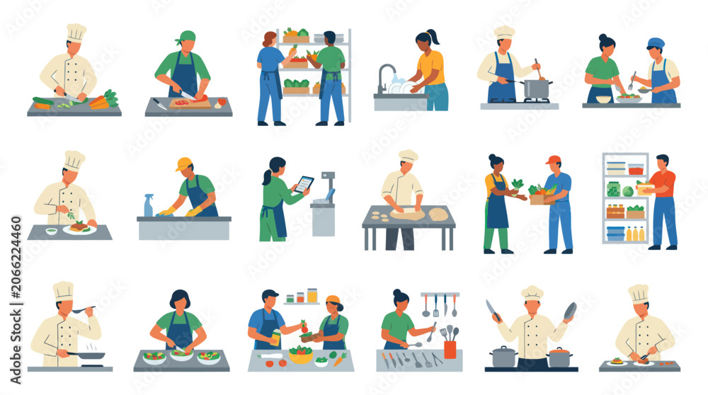 Fototapeta premium Flat Illustration of Chefs and Cooks Preparing Food in Kitchen