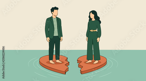 Vászonkép Couple standing on broken heart, symbolizing relationship problems and divorce