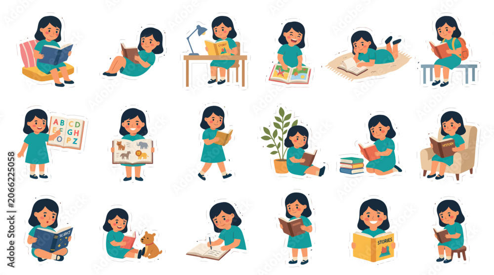 Fototapeta premium Collection of Cute Girl Reading Books in Various Poses. Flat Cartoon Vector Illustration for Education and Childhood.