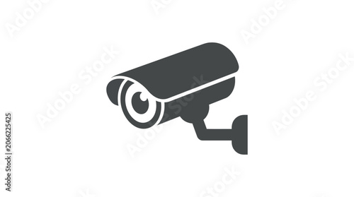 A black security camera icon on a white background with a minimalist design and sleek lines.