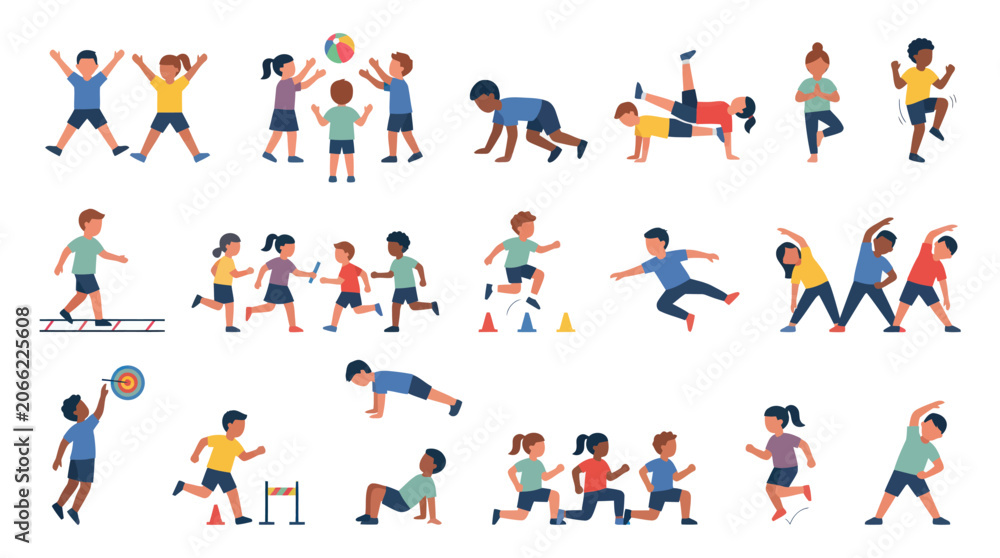Fototapeta premium Flat Design Vector Illustration of Children and Adults Exercising for Fitness, Sports, and Physical Education