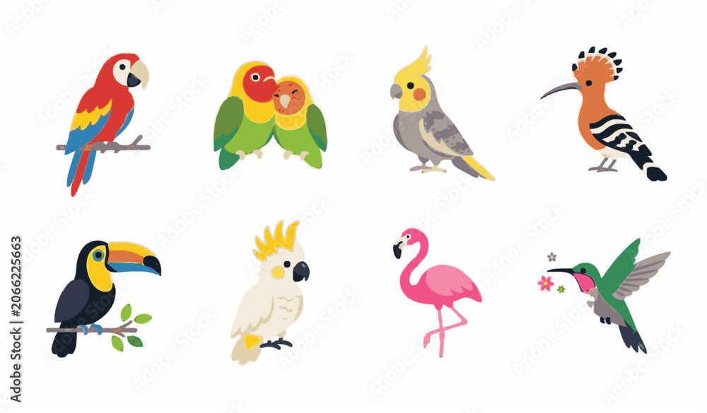 Obraz premium Different parrots and exotic bird flat icon set with macaw toucan flamingo and hummingbird isolated on white