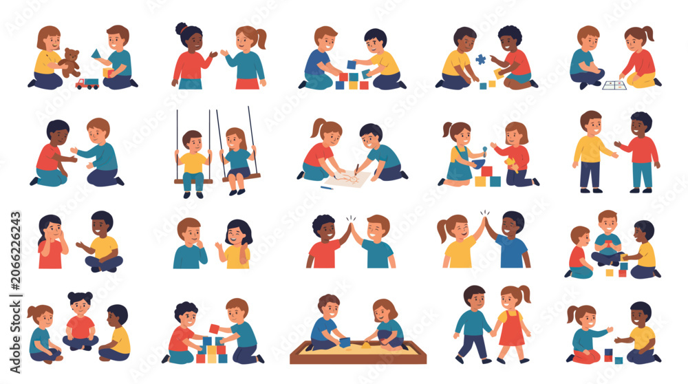 Fototapeta premium Diverse Kids Playing and Interacting in Flat Vector Early Childhood Education Illustration Set