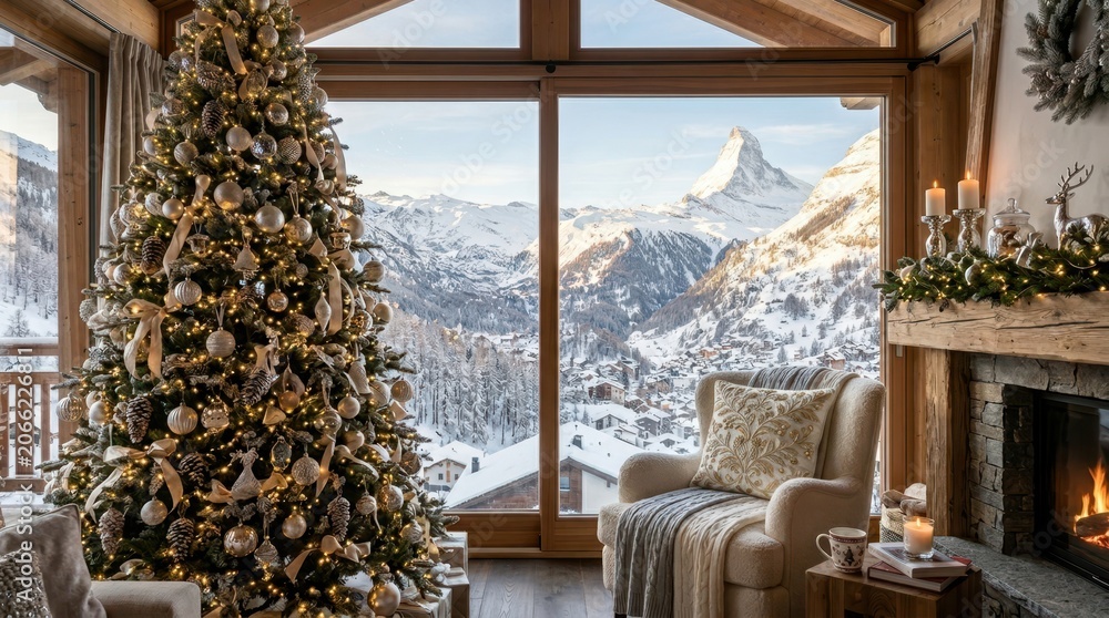Naklejka premium Cozy Christmas chalet with festive tree and snowy mountain view