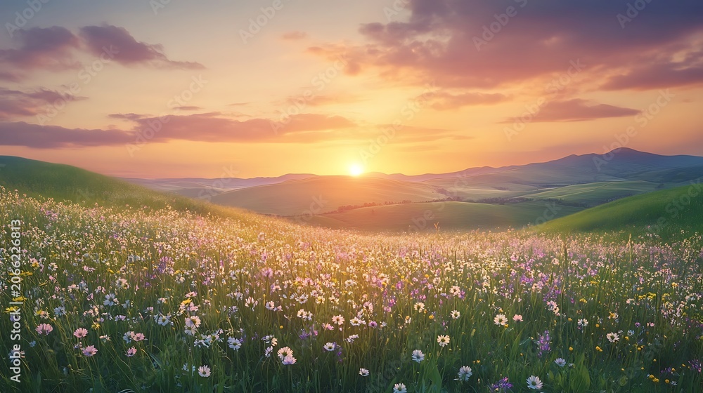 Fototapeta premium Scenic sunset over blooming meadow and rolling hills with golden light