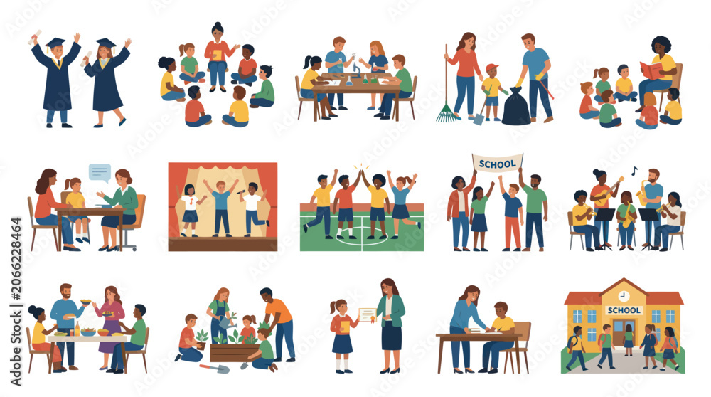Fototapeta premium Diverse Students and Teachers in Various School Activities, Flat Design Vector