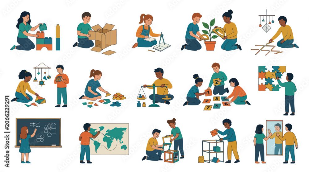 Fototapeta premium Children Learning and Playing with Educational Toys and Activities, Flat Style Vector