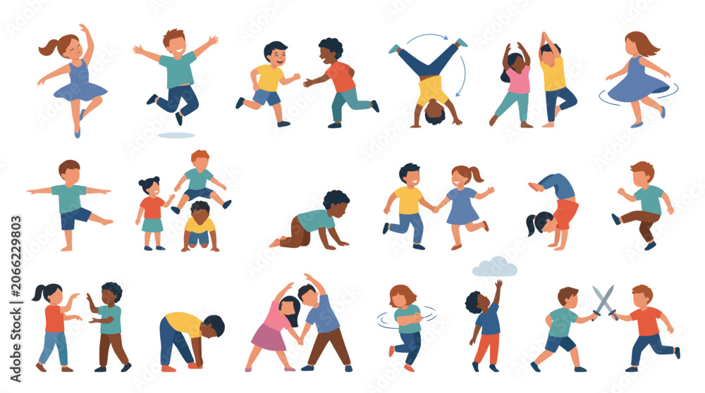 Fototapeta premium Diverse Children Playing and Exercising Flat Vector Illustration Set for Child Development and Physical Education