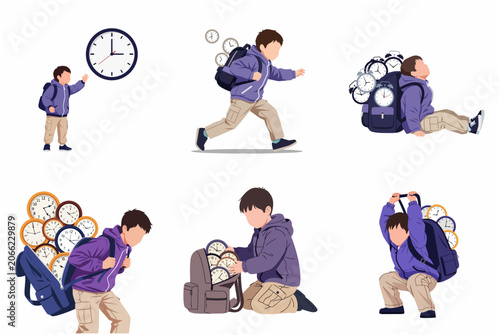 Vector illustration set of a schoolboy struggling with time management and pressure, carrying a backpack full of clocks in various poses
