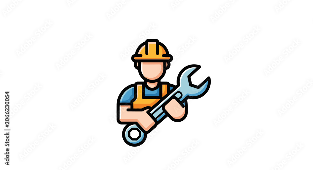 Fototapeta premium Cartoon style construction worker character holding a large metal wrench.