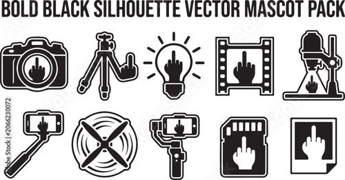 Photos Set of ten black silhouette featuring a hand gesture of a middle finger inside v