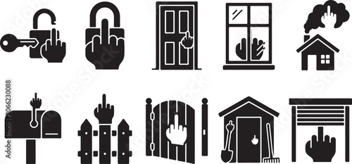Foto Set of ten black silhouette depicting hands showing the middle finger gesture in