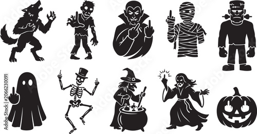 Fotografia Set of ten black silhouette featuring halloween monsters, including a werewolf,