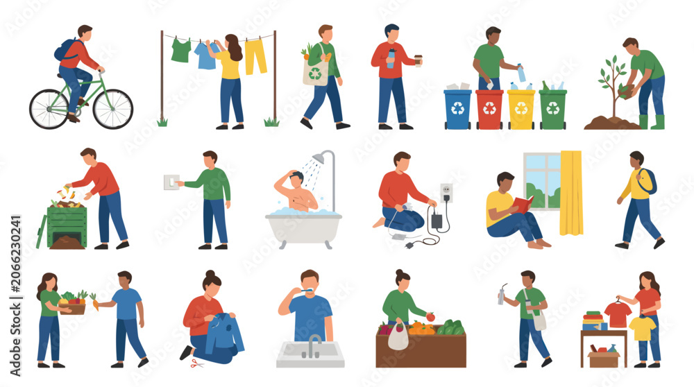 Fototapeta premium Flat Style Icons: People Practicing Eco-Friendly Activities for Sustainability