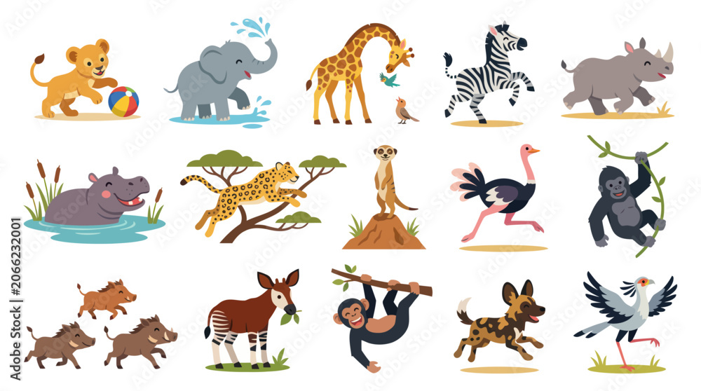 Fototapeta premium Collection of Cute Flat Cartoon African Safari Wild Animals Vector Illustration Set