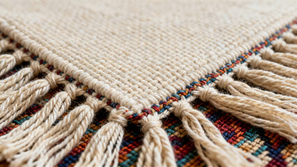 A close-up of a beige woven rug corner with colorful border details and thick twisted tassels.