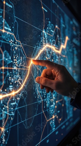 Hand touching glowing digital world map with financial data graph