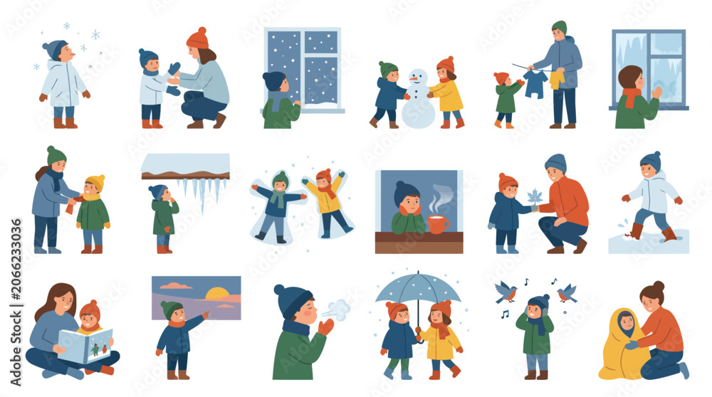 Fototapeta premium Flat Vector Illustrations of Children Enjoying Winter Activities