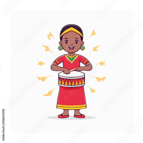 Cartoon girl in traditional dress playing a drum
