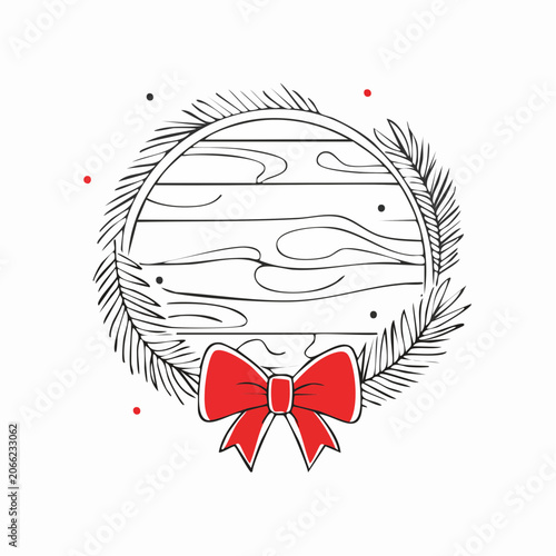 Christmas Wreath with Red Bow and Wood Texture