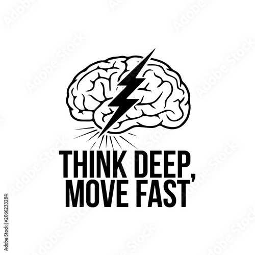 Brain with lightning bolt thinking deep and moving fast concept illustration