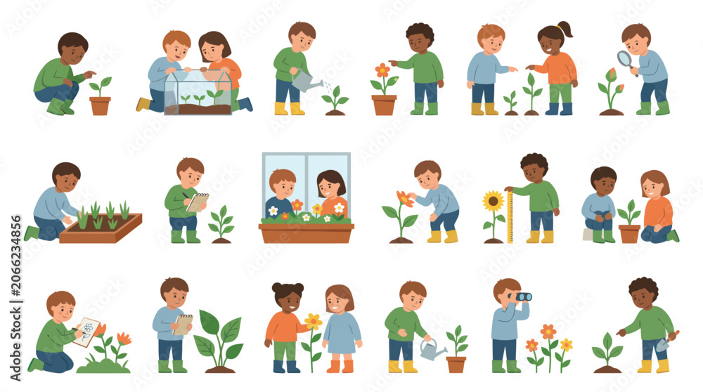 Fototapeta premium Childhood Education Nature Concept: Flat Vector Illustration of Kids Learning About Plants and Gardening.