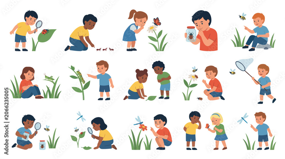 Fototapeta premium Children Exploring Nature with Magnifying Glasses, Bugs, and Nets